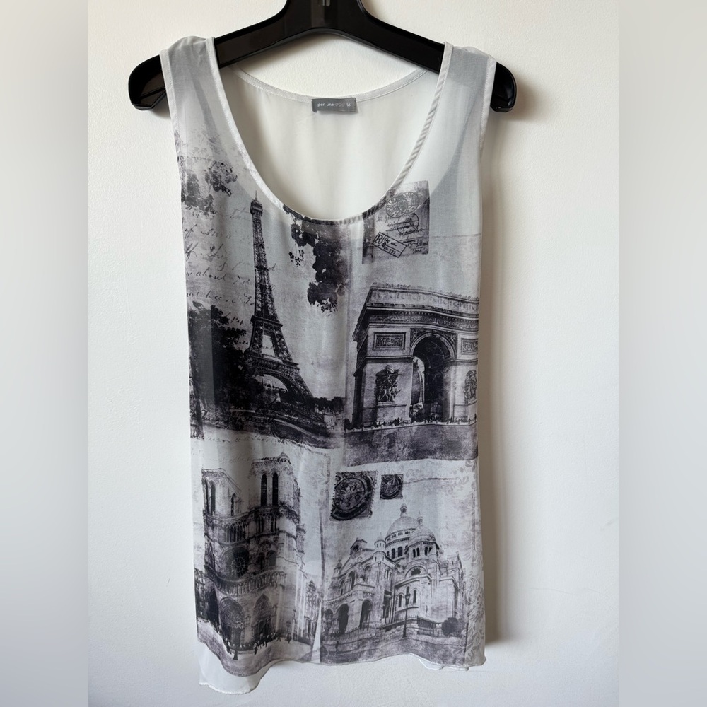 Per Una Paris Print Sleeveless Tunic Blouse Size16 – Sheer Overlay w/ Tank Liner